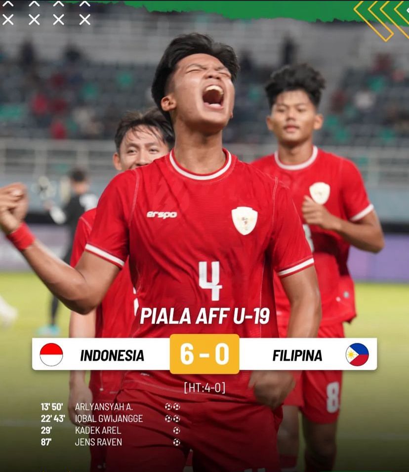 Timnas Indonesia U-19 Unggul Skor 6:0 Melawan Filipina